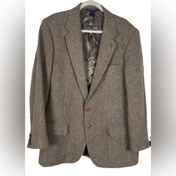 Vintage Wm. F. Farah Wool Gray Tweed Herringbone 2 Button Sport Coat Blazer‎ 44L - Picture 1 of 14